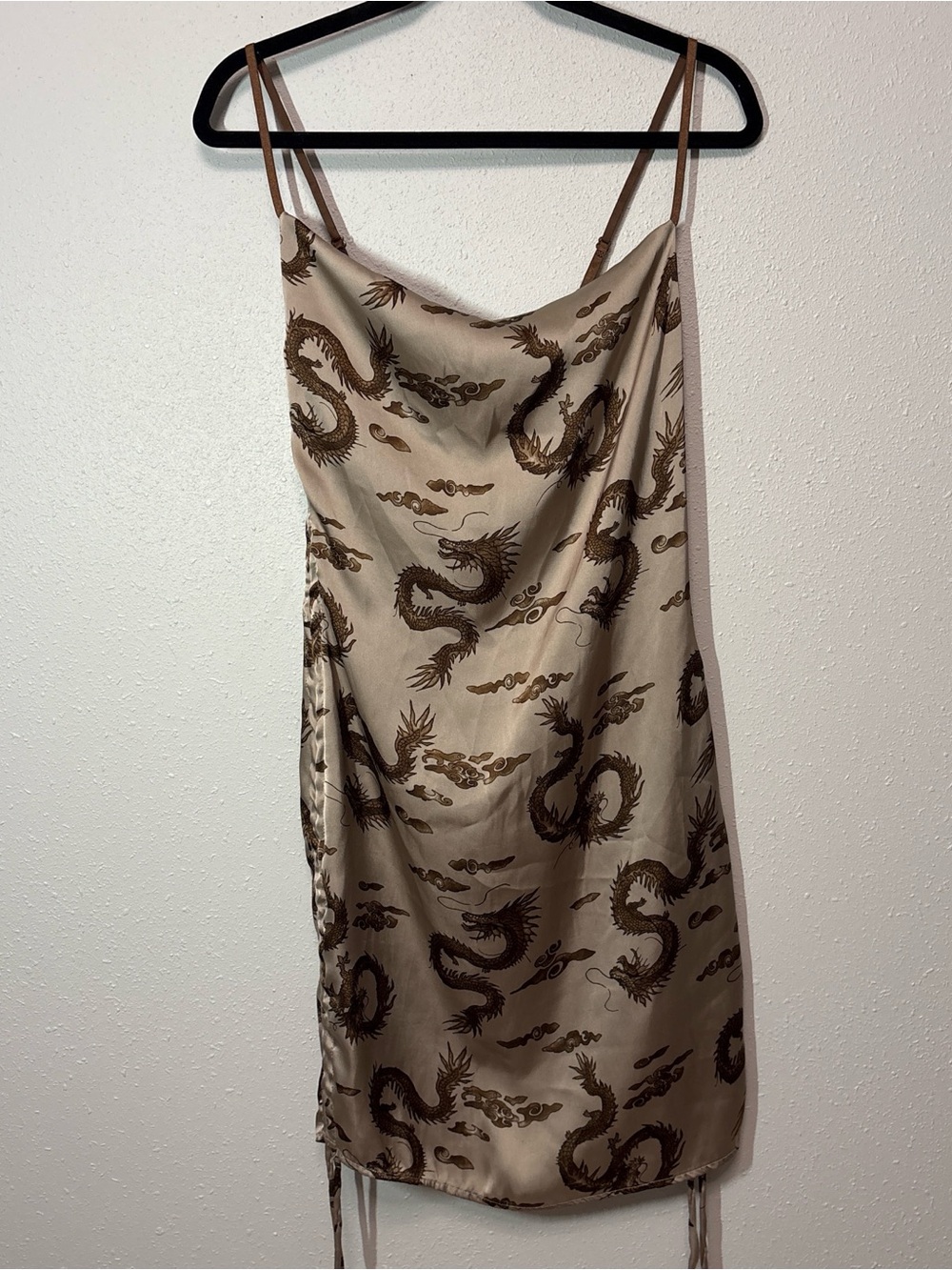 Timing Beige Satin Slip Dress with Brown Dragon Print